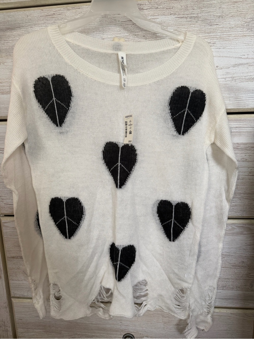 Aeropostale Bethany Mota White Distressed Heart Knit Sweater